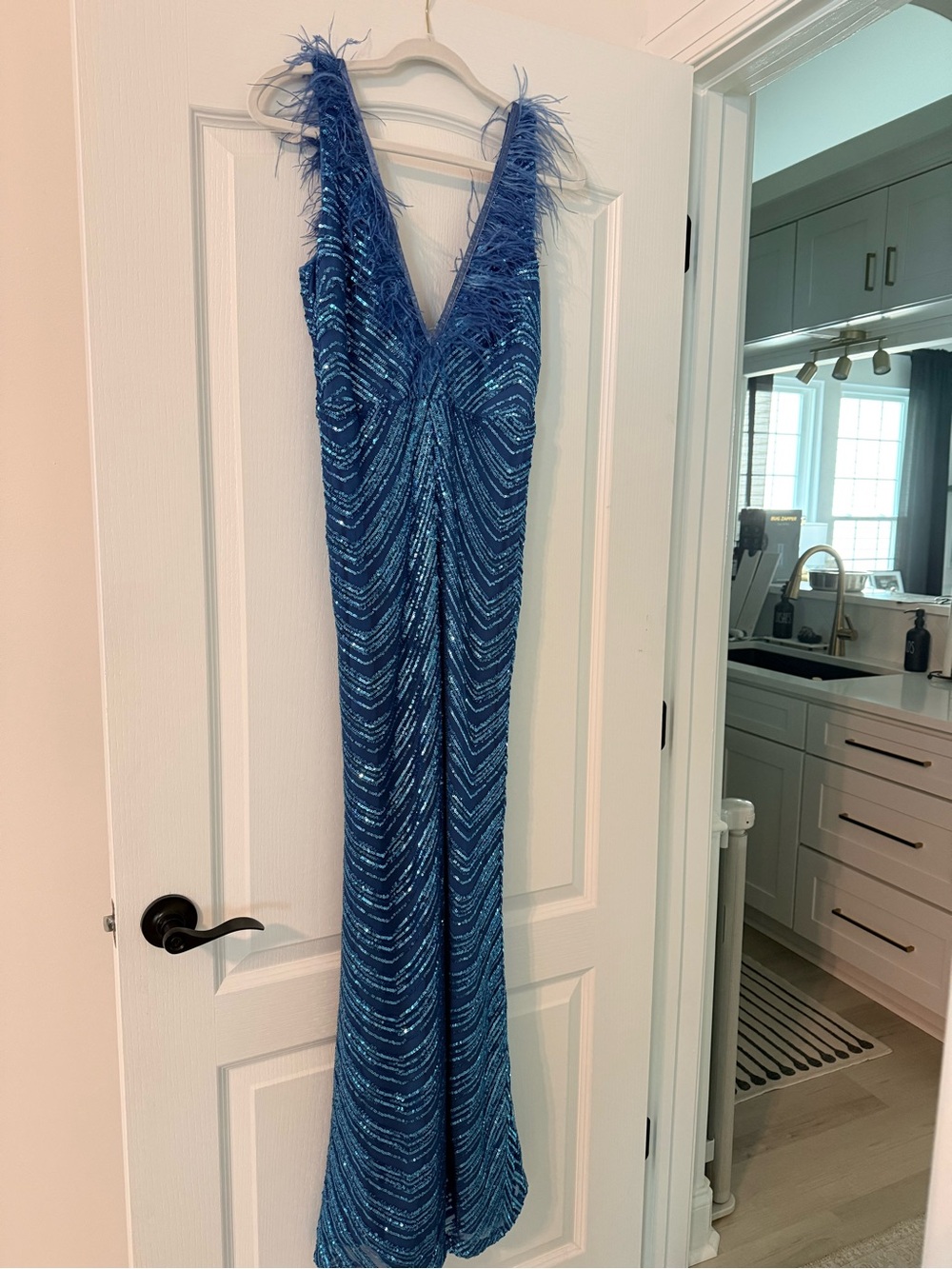 Blue Sequin V-Neck Evening Gown with Feather Trim-worn once - Picture 2 of 7